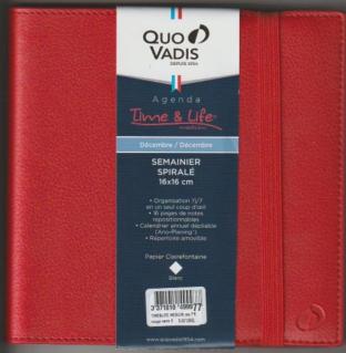 QUO VADIS - AGENDA TIME & LIFE MEDIUM AVEC RÉPERTOIRE - UNE SEMAINE SUR DEUX PAGES - 16X16CM - ROUGE