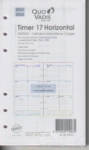 Recharge agenda organiseur QUO VADIS Timer 17, la semaine à l'horizontale,  16 mois - 269004Q 2018