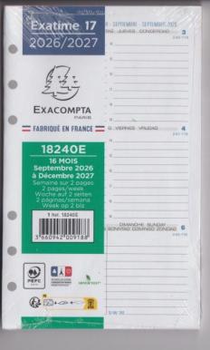 Agenda  Exacompta 18244E Recharge Exatime 17 1 semaine sur 2 pages Horizontal Année 2027