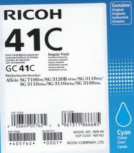 Cartouche imprimante d'encre de gel De Marque Ricoh  405762 GC-41C , Cyan - 2200 pages