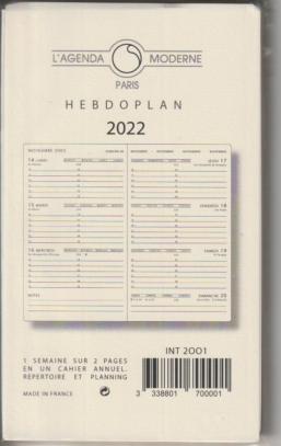 Agenda Moderne recharge Hebdoplan INT 2001 Version 2022