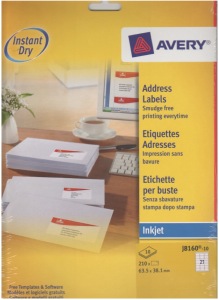 étiquettes Avery J8160-10 pour imprimantes jet d'encre 63.50X38.10