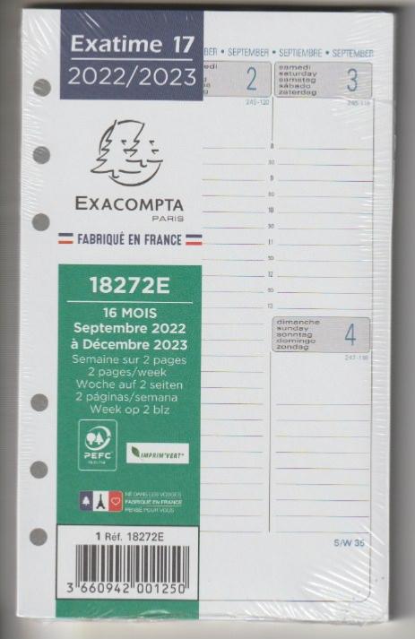 Exacompta 18272E Recharge Exatime 17 Semainier Semaine sur 2 Pages  Verticales 172 x 105 mm 2023-2024