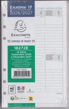Exacompta 18272E Recharge Exatime 17 Semainier Semaine sur 2 Pages Verticales 172 x 105 mm 2026-2027