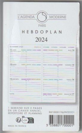 830017Q Agenda Moderne recharge Hebdoplan INT 2001 Version 2024